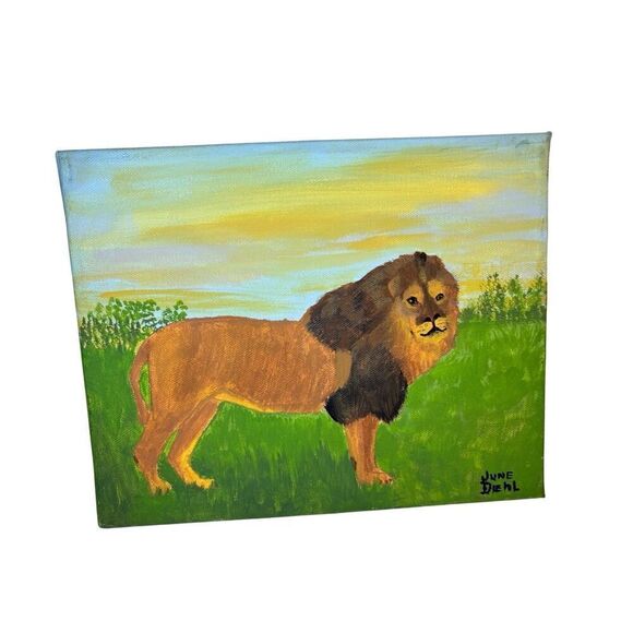 Original Acrylic Painting by June Diehl - African Lion - 9"x10" with Sawtooth Ha - Picture 1 of 5